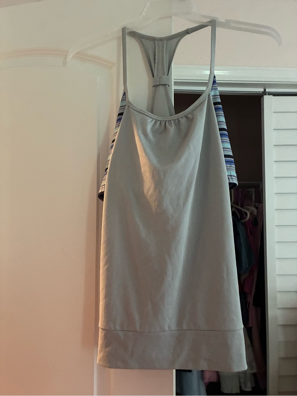 Grey Tank with Blue striped built in sports bra
